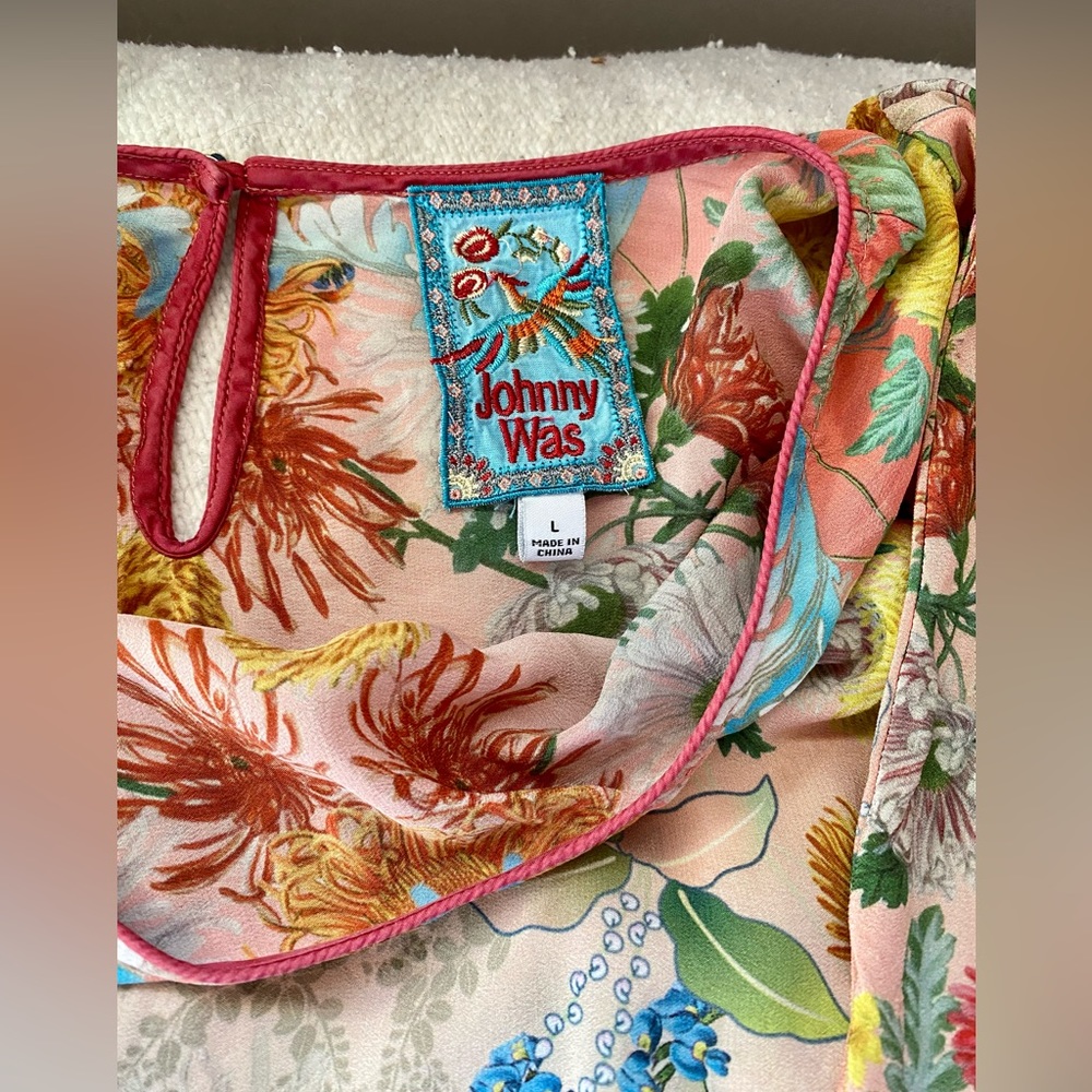 Johnny Was Coral Floral Silk Tunic with Teal & Cream Accents - Picture 12 of 16